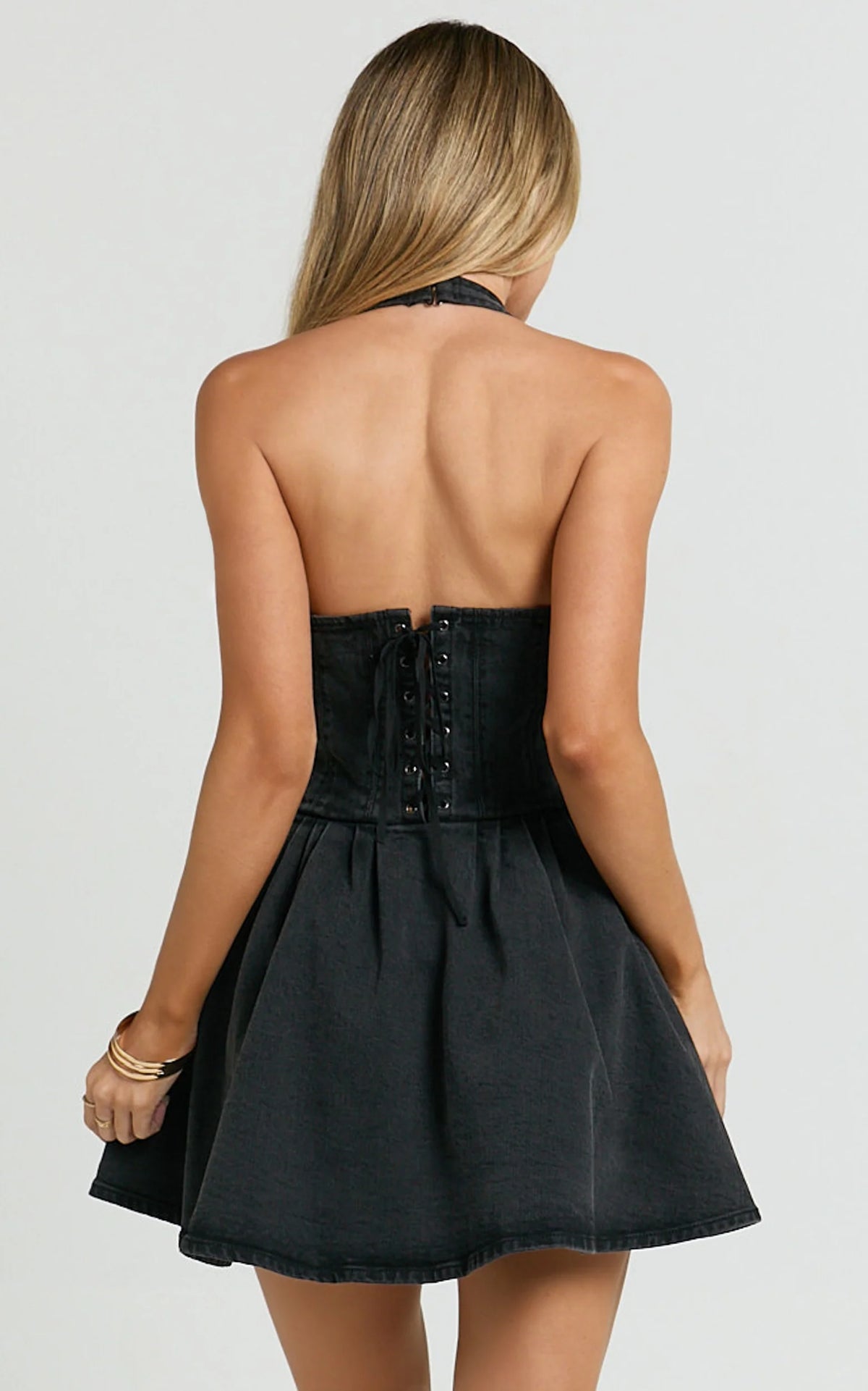 Hayes Mini Dress - Halter Neck Corset Bodice Dress in Cream Contrast Stitch