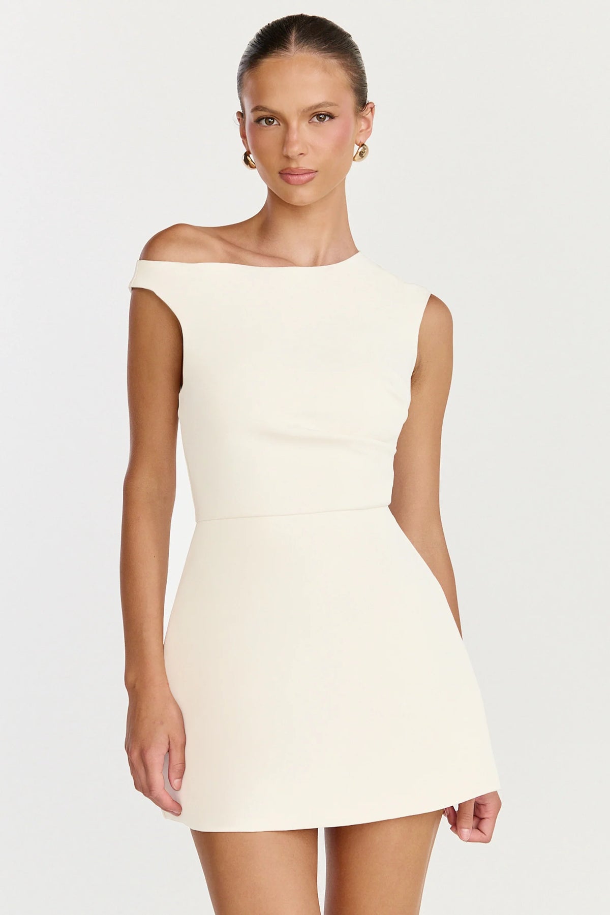 Claire Mini Dress - Tipped Shoulder Tulip Skirt Dress in White