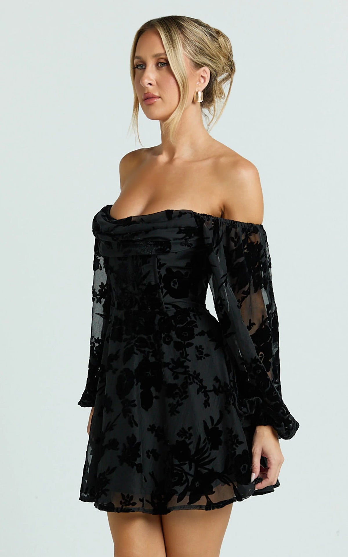 Jessell Mini Dress - Long Sleeve Cowl Corset Dress in Burnt Out Floral