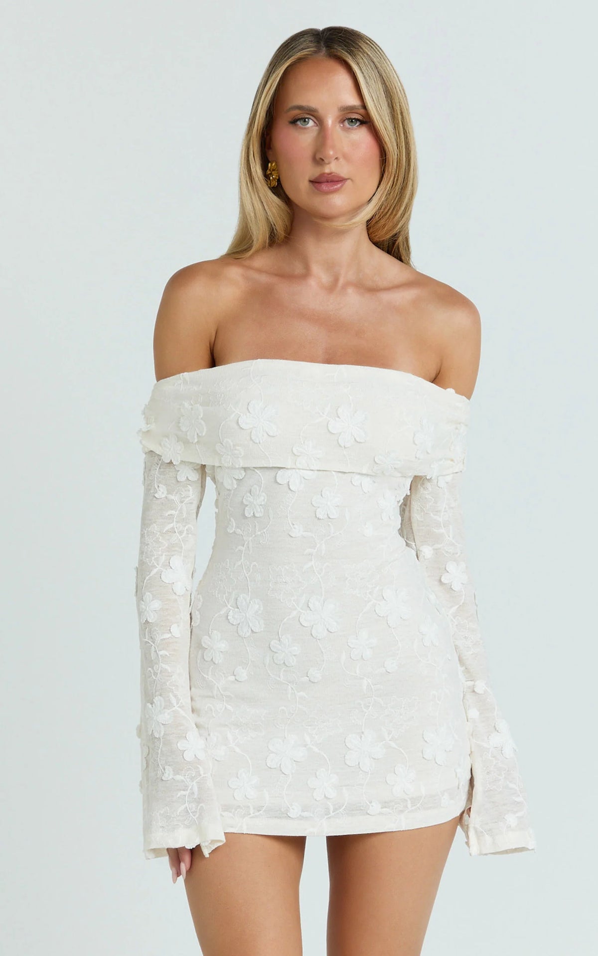 Raymond Mini Dress - Off Shoulder Long Sleeve Fitted Dress in Pink