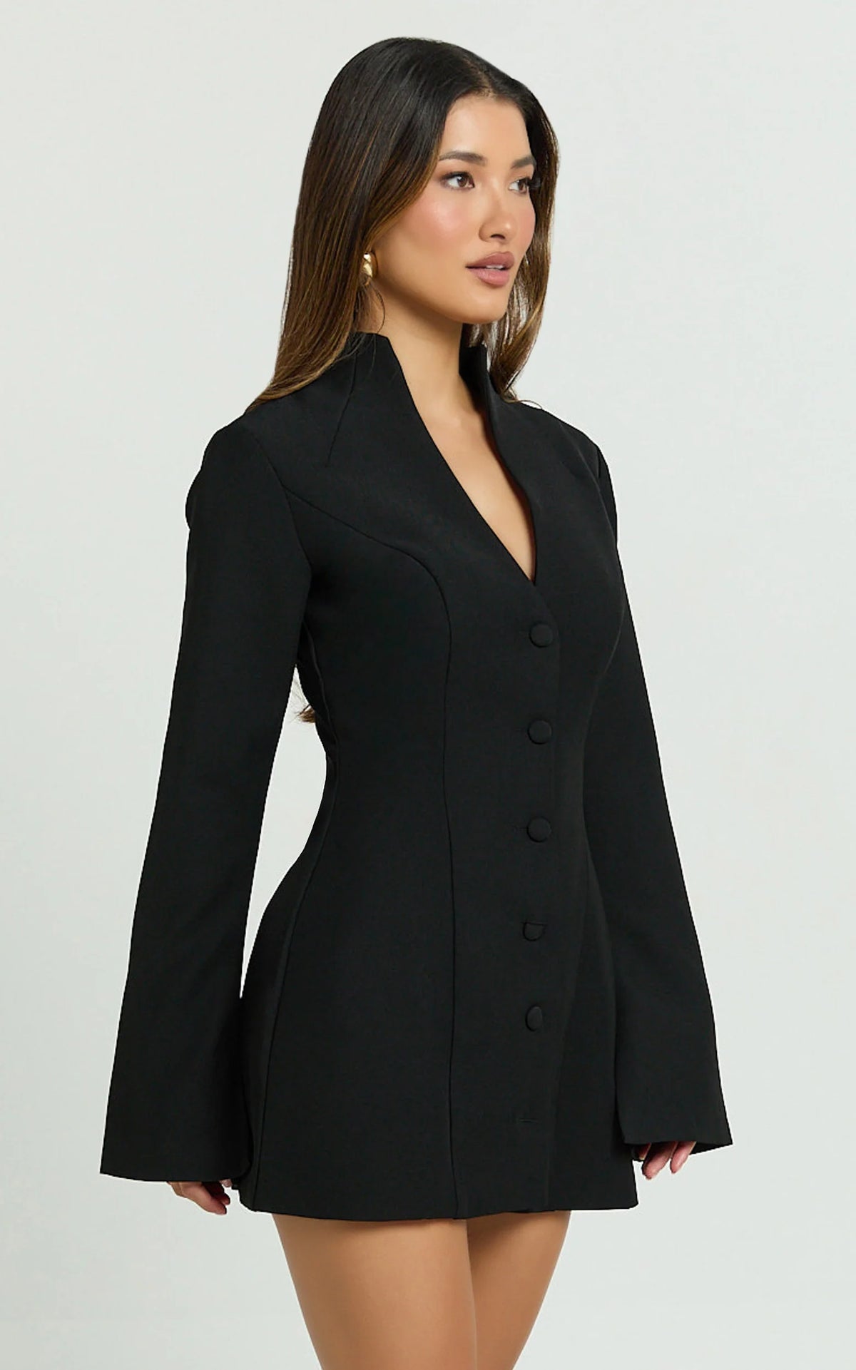 Layton Mini Dress - V Neck Long Sleeve Button Front Tulip Skirt Dress in White