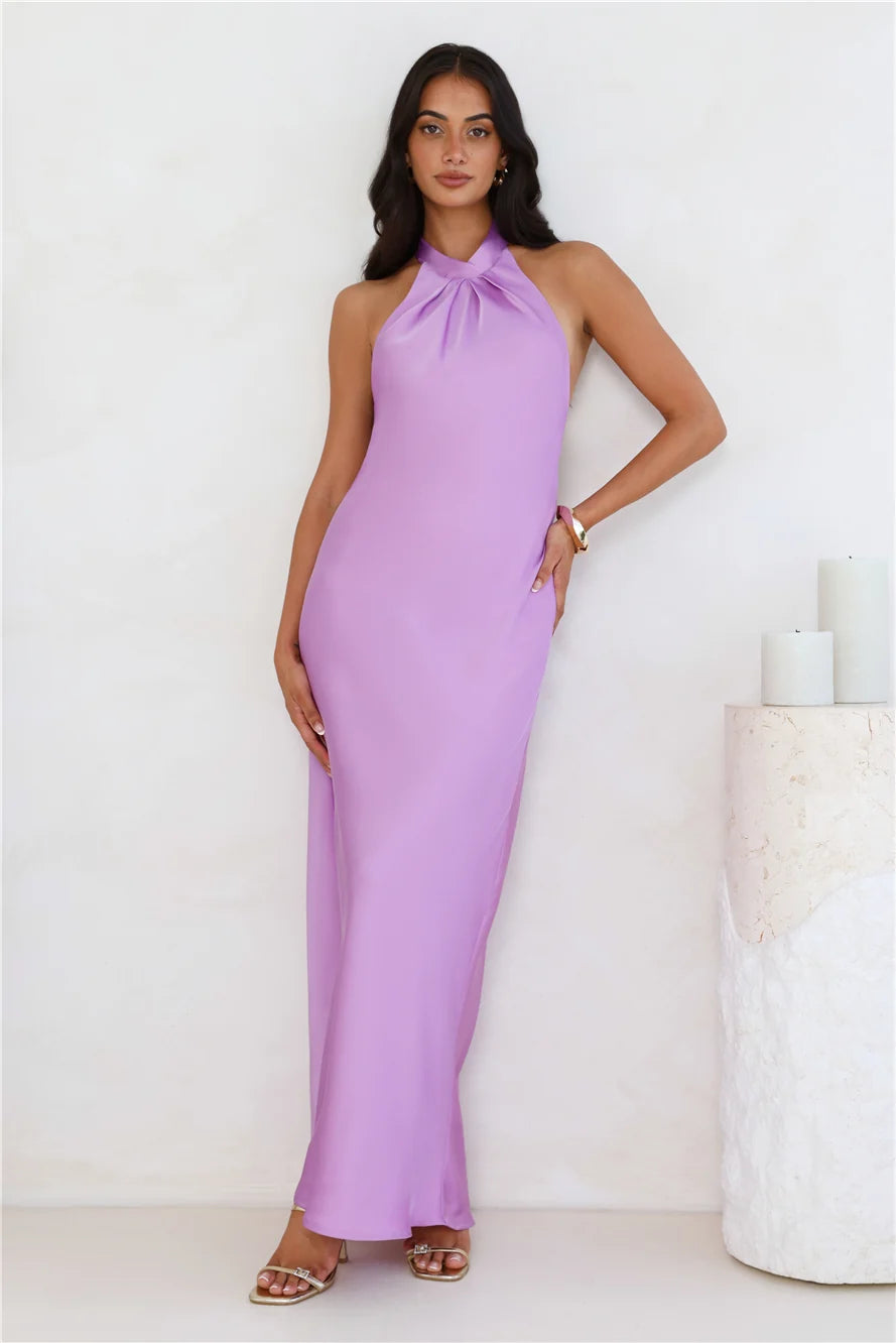 Delicate Dazzle Halter Satin Maxi Dress Peach