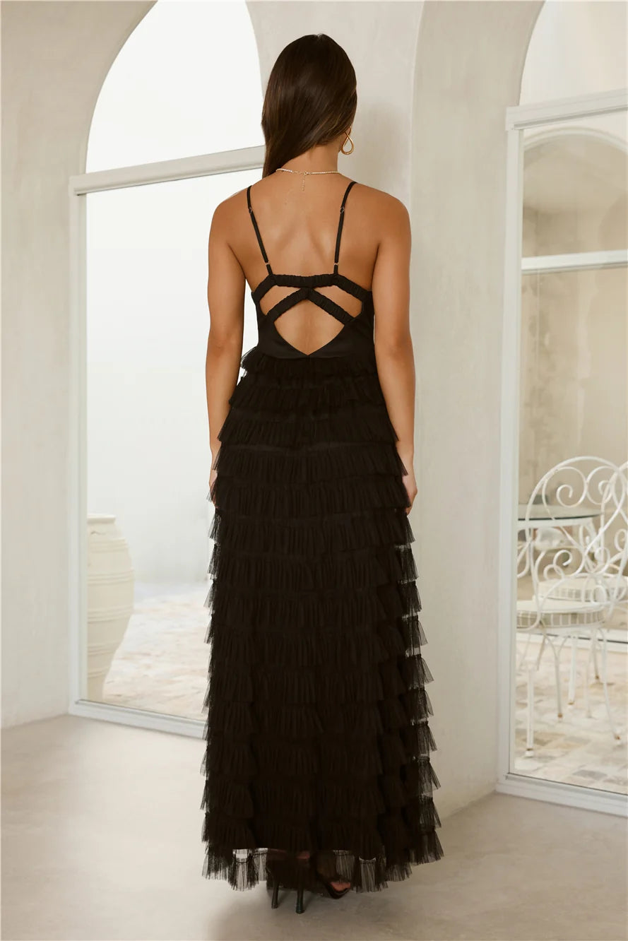 Drama Queen Tulle Tiered Maxi Dress Black