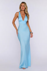 Polished Affair Satin Maxi Dress Blue