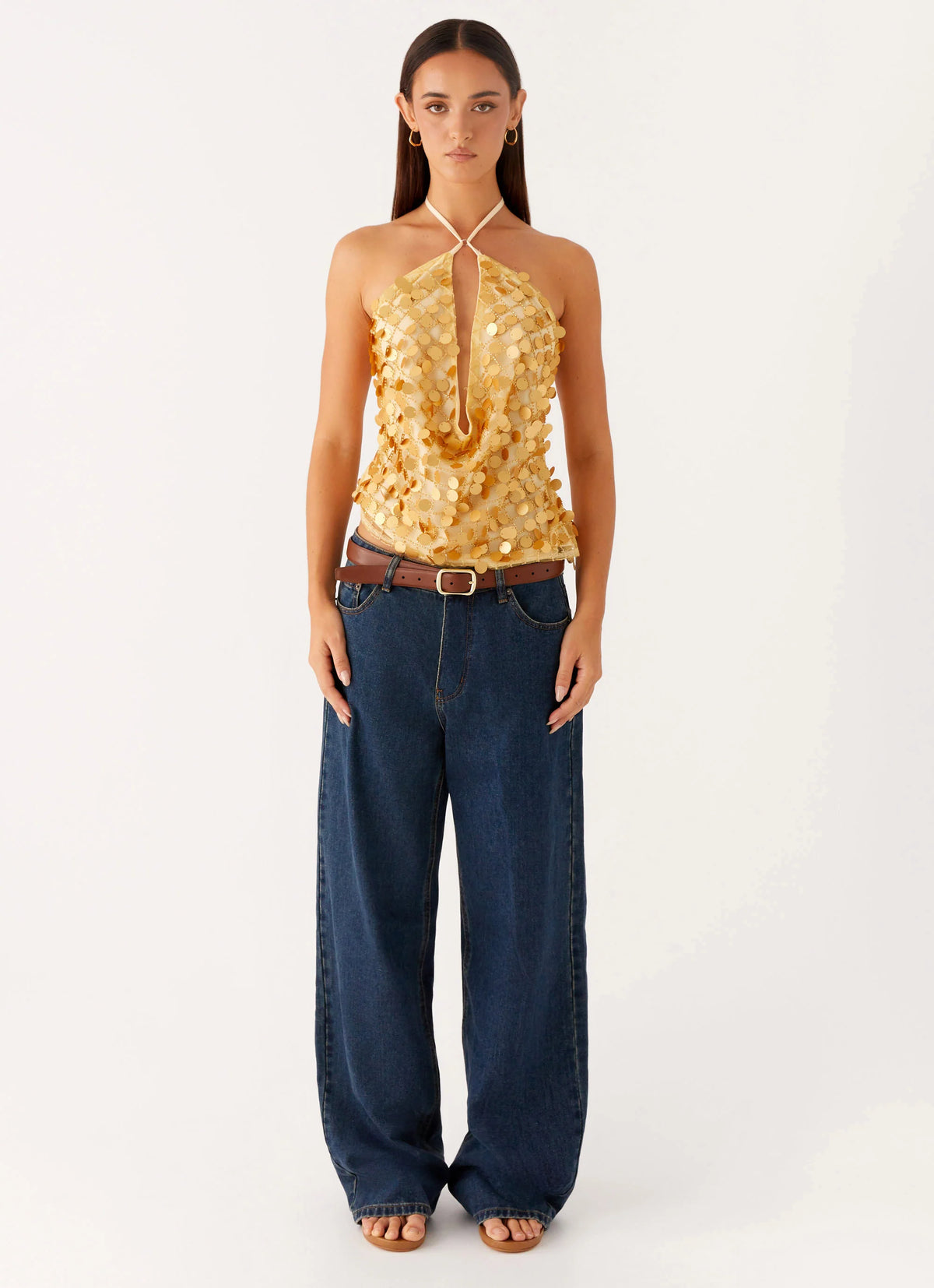 Xander Sequin Halter Top - Gold