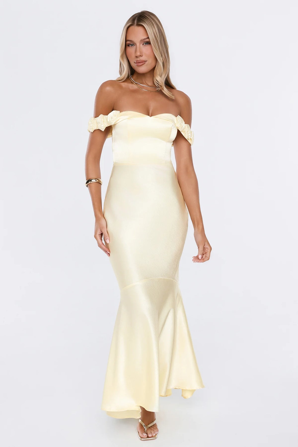 Falling Soft Satin Off Shoulder Maxi Dress Yellow