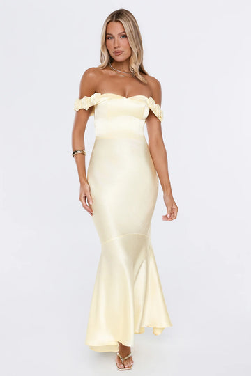 Falling Soft Satin Off Shoulder Maxi Dress Yellow