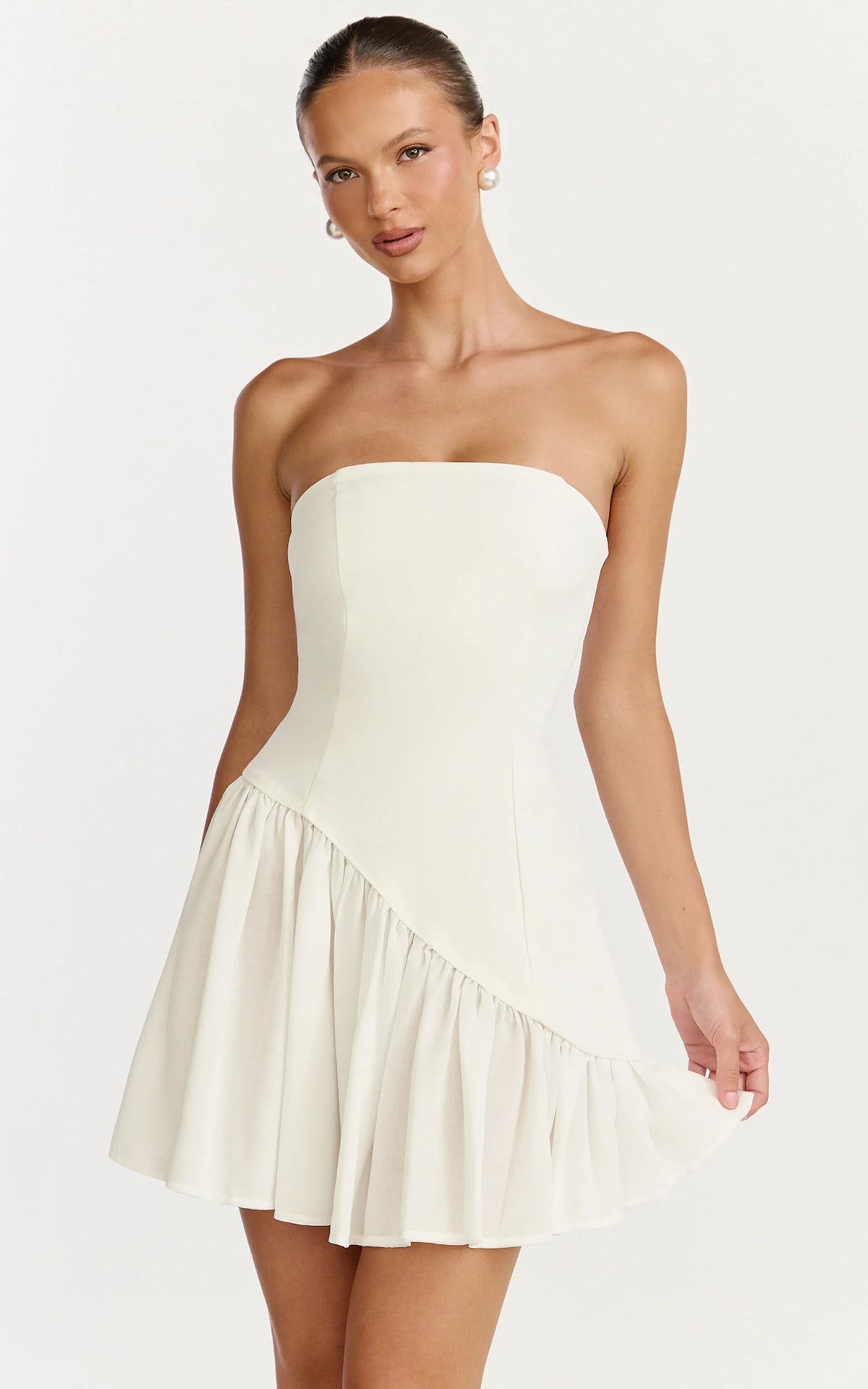Calla Mini Dress - Strapless Gathered Asymmetric Dropped Waist Dress in Light Blue