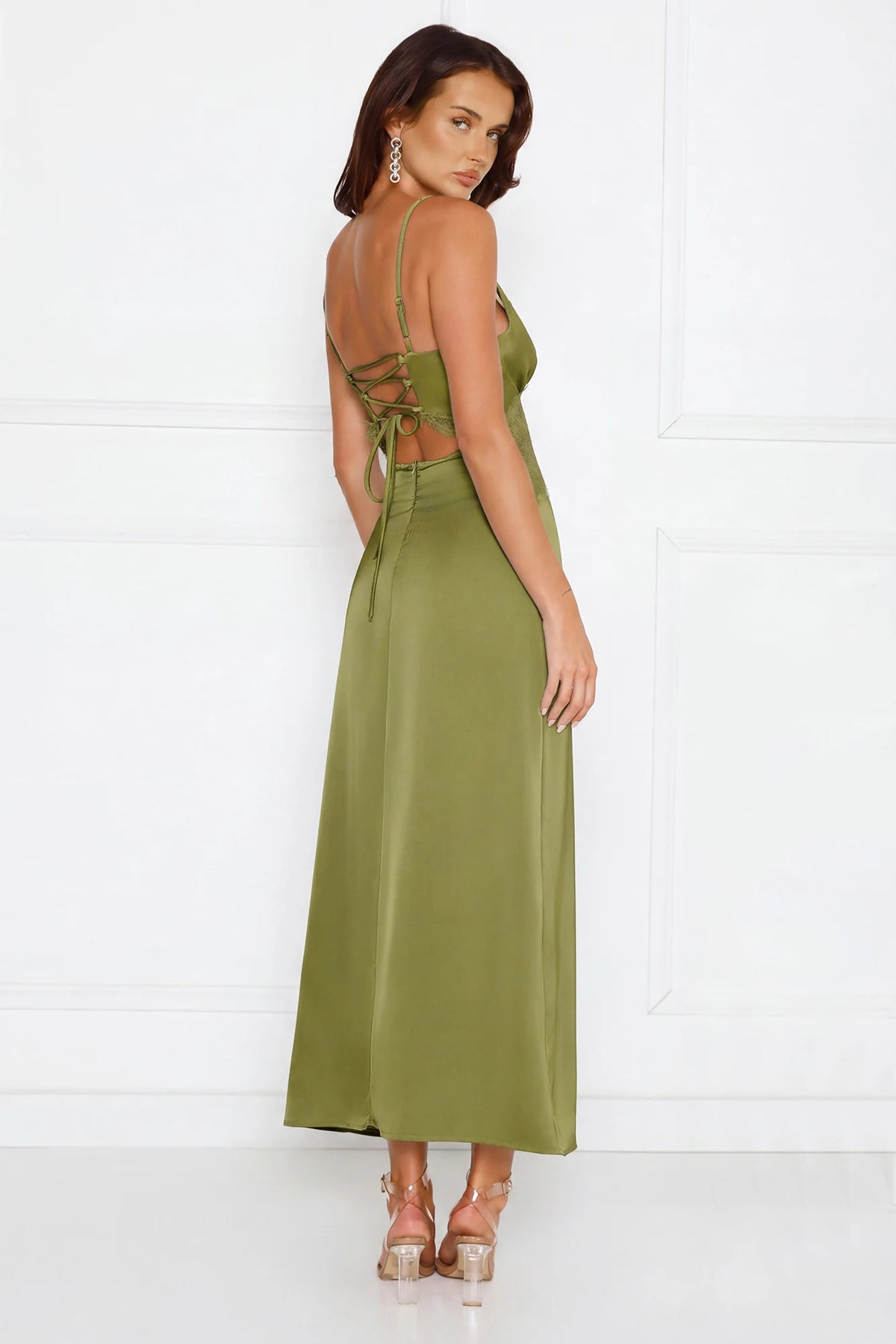 Soft Affection Satin Lace Maxi Dress Sage