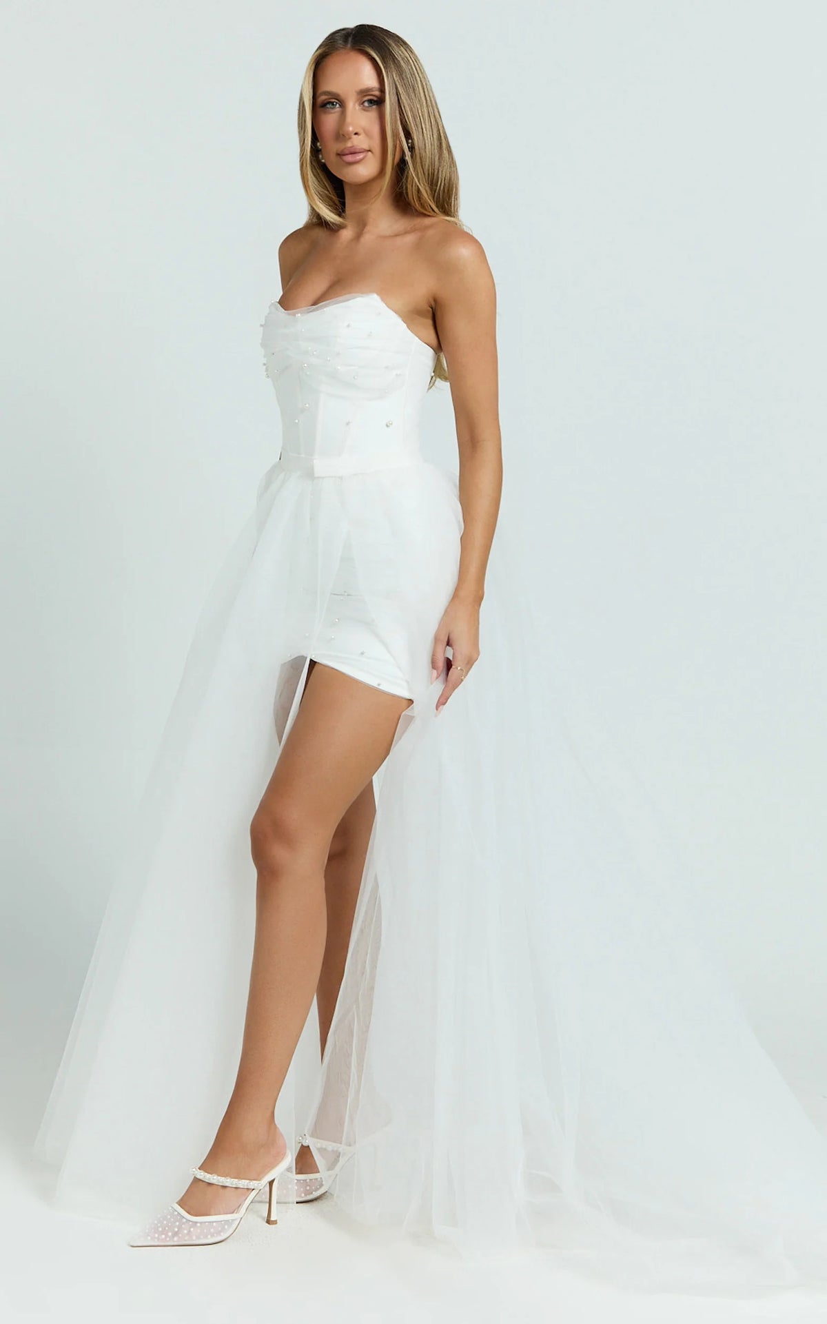Kelsey Mini Dress - Beaded Strapless Corset Panel Dress with Detachable Tulle Skirt in White