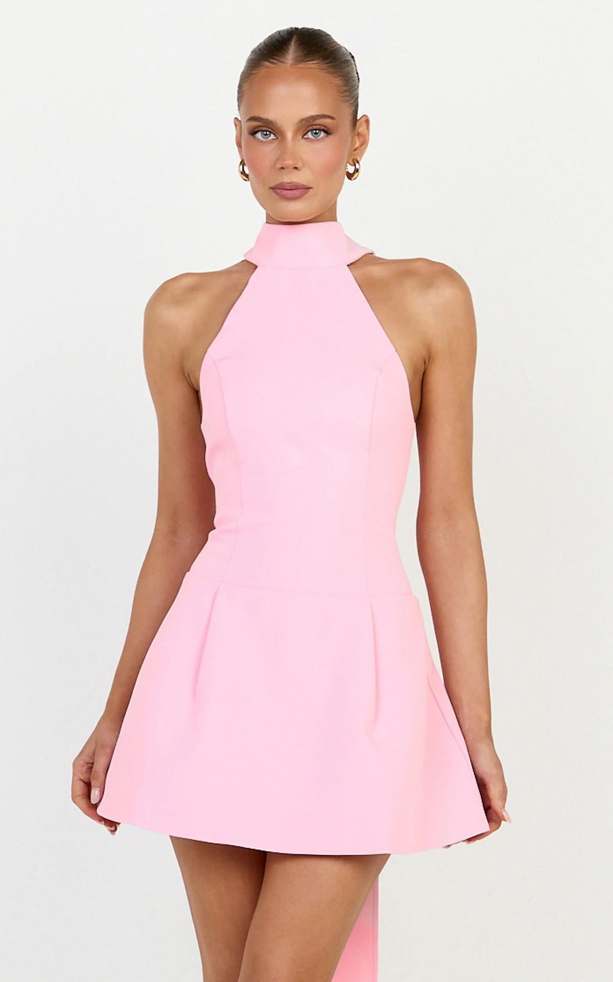 Helia Mini Dress - High Halter Neck Scarf Detail A Line Dress in Black