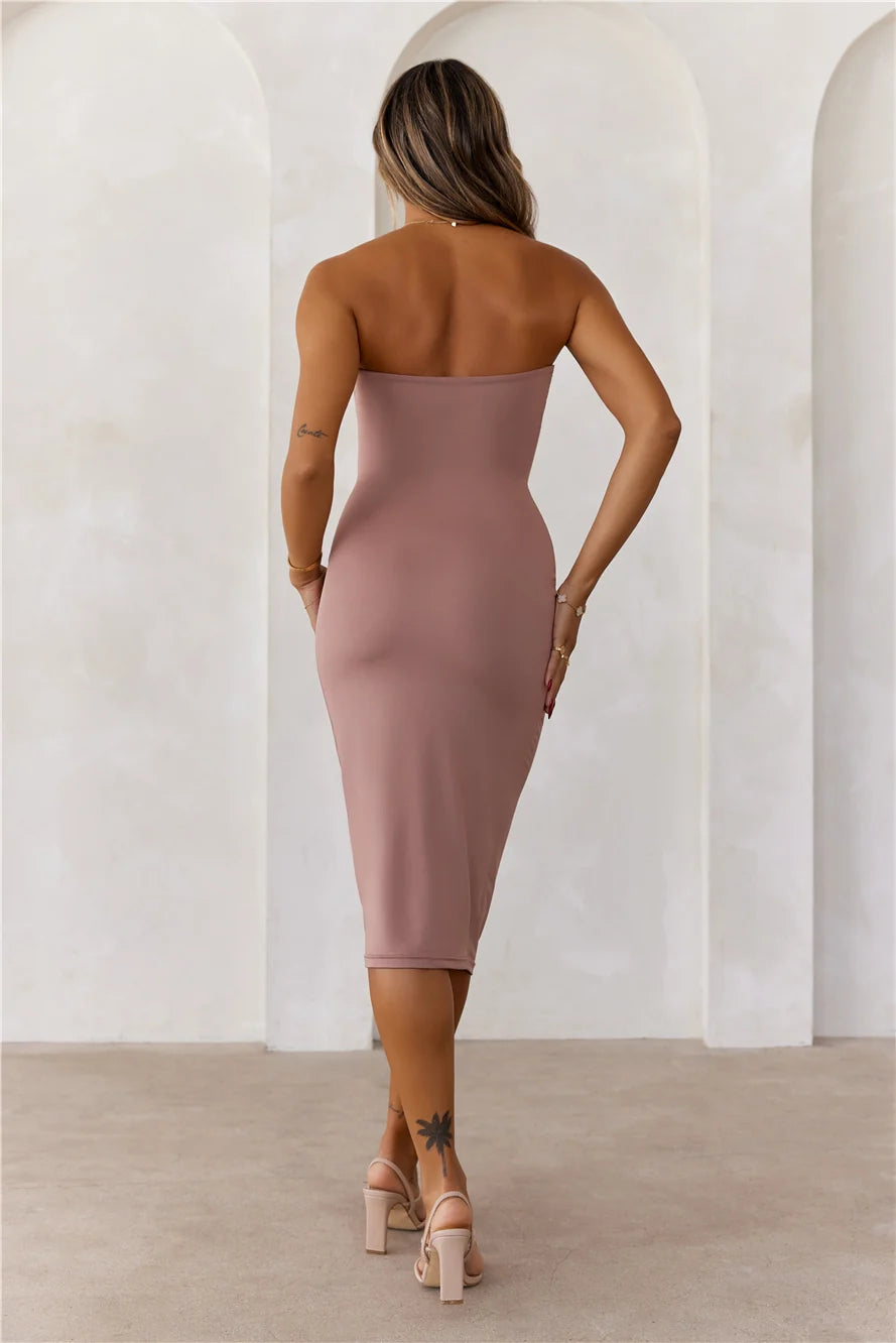 HELLO MOLLY BASE Ultimate Strapless Bodycon Midi Dress Mocha