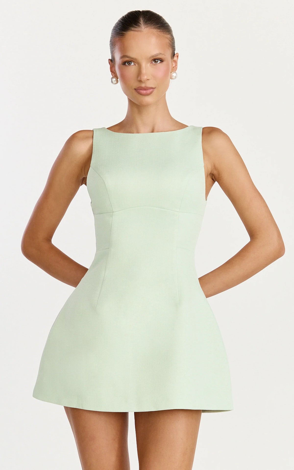 Raquelle Mini Dress - Boucle Boat Neck V Back Fit and Flare Dress in White