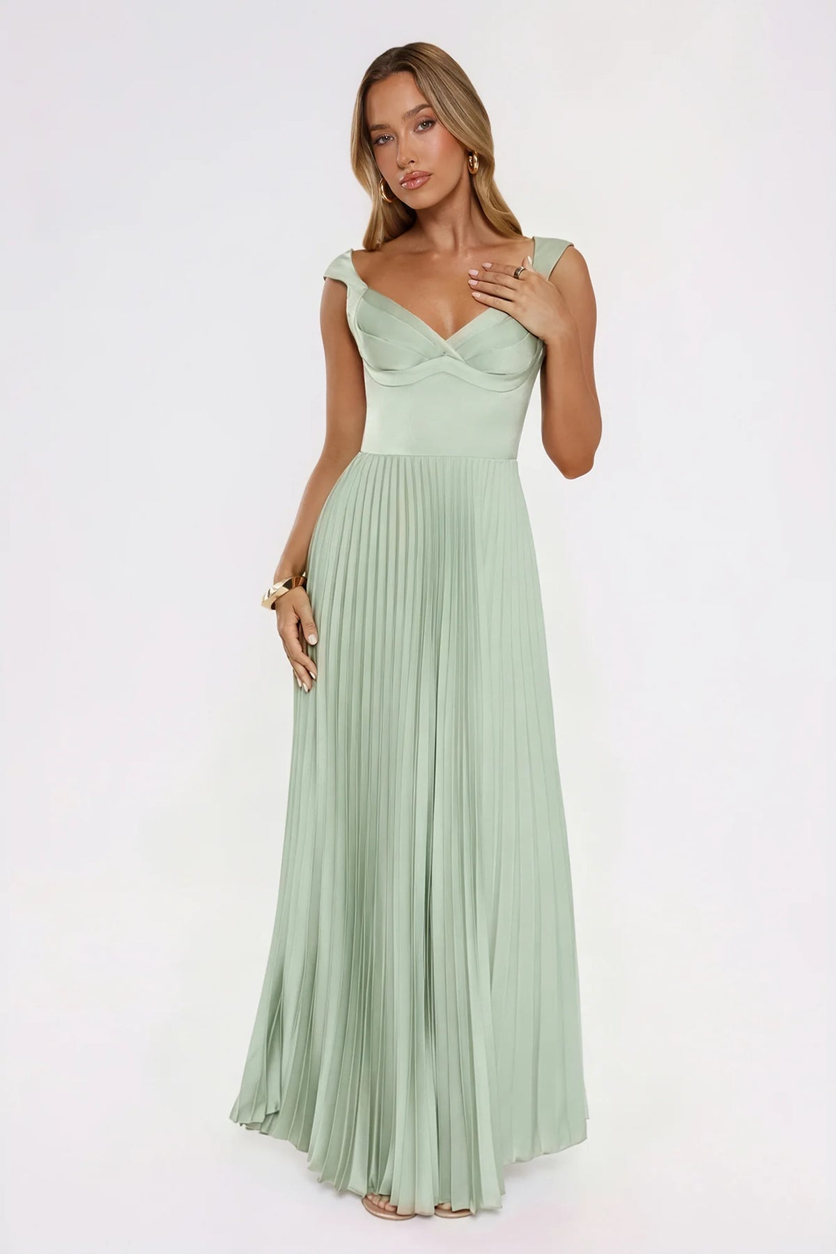 Satin Glow Pleated Maxi Dress Champagne