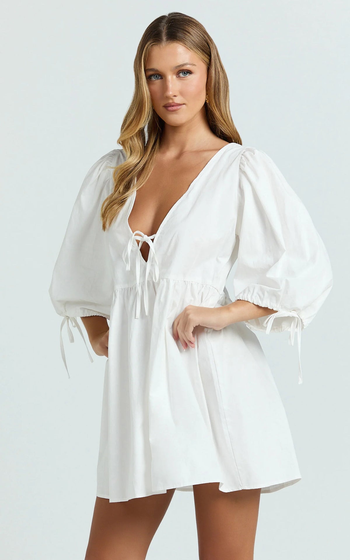 Rosita Mini Dress - Tie Front Puff Sleeve Dress in Black and White Check