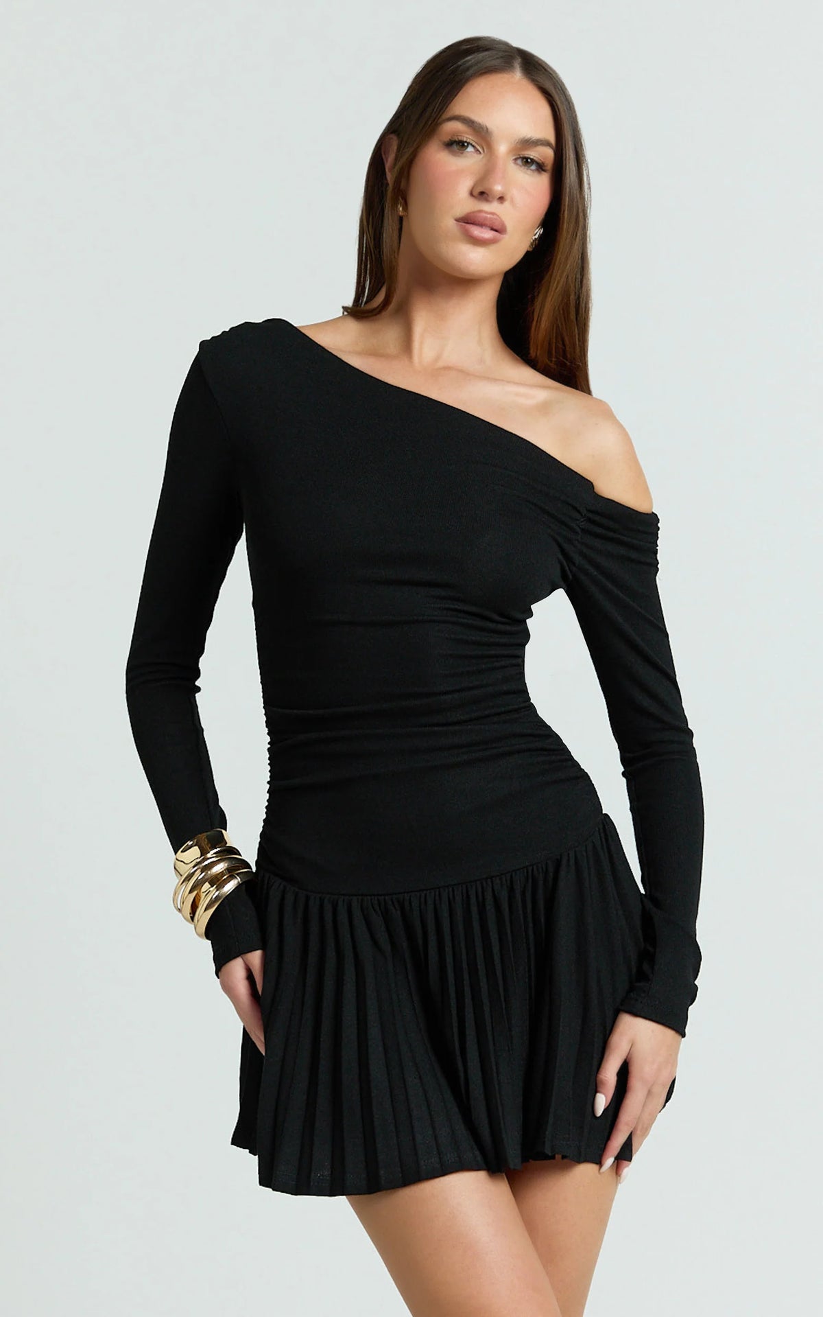 Presley Mini Dress - One Shoulder Ruched Side Pleated Fit And Flare Dress in Cream