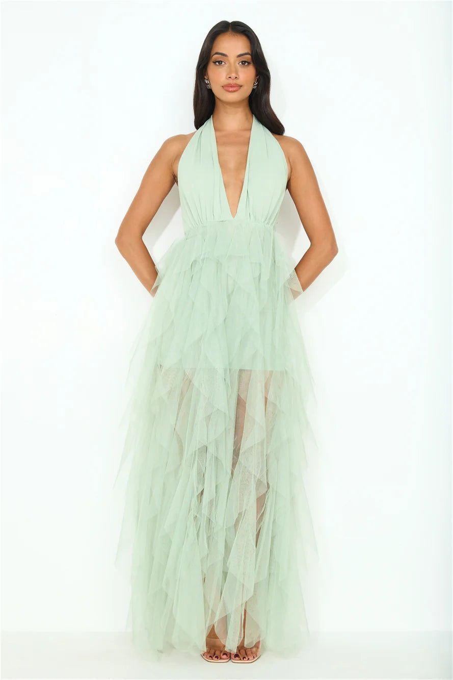 Into The Middle Tulle Halter Maxi Dress Pink