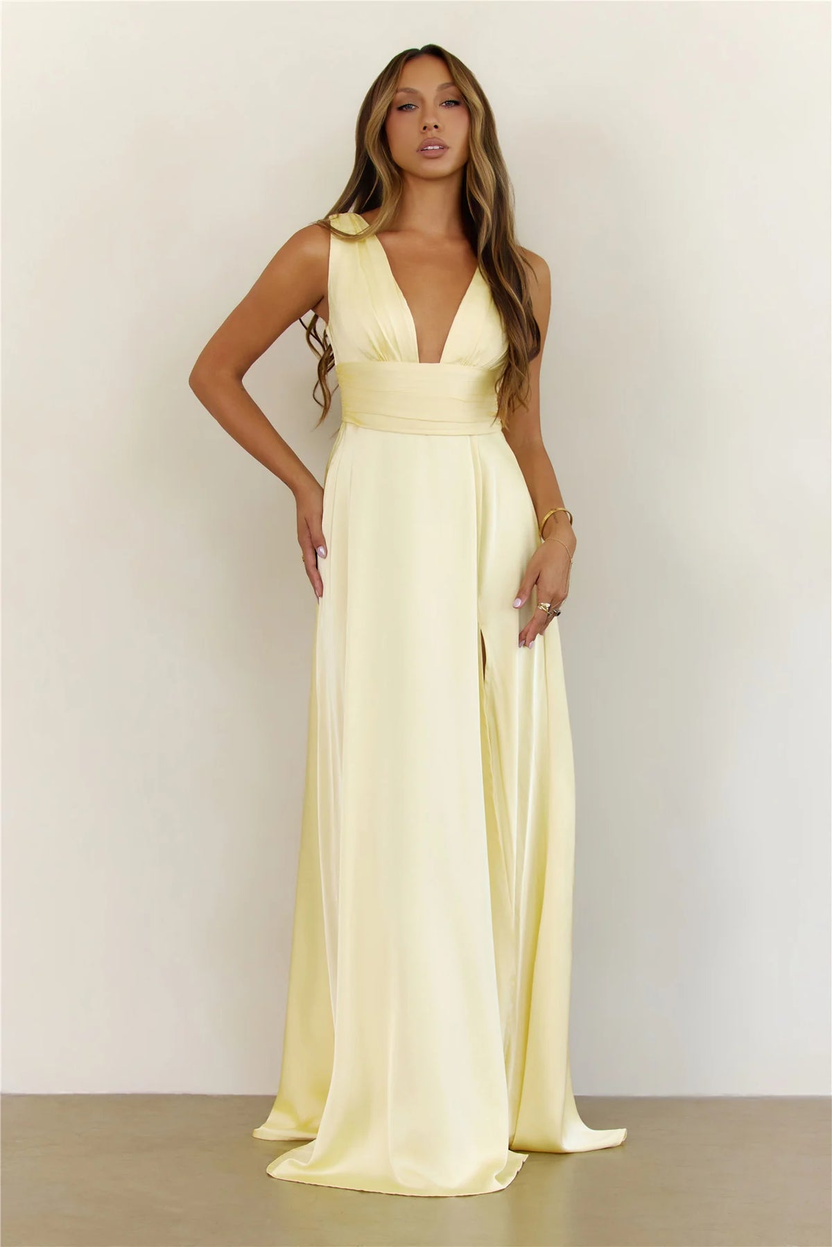 Golden Aura Satin V Neck Maxi Dress Yellow