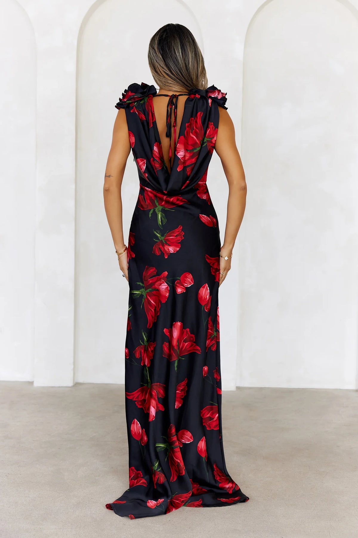 Falling Petals Satin Maxi Dress Ivory