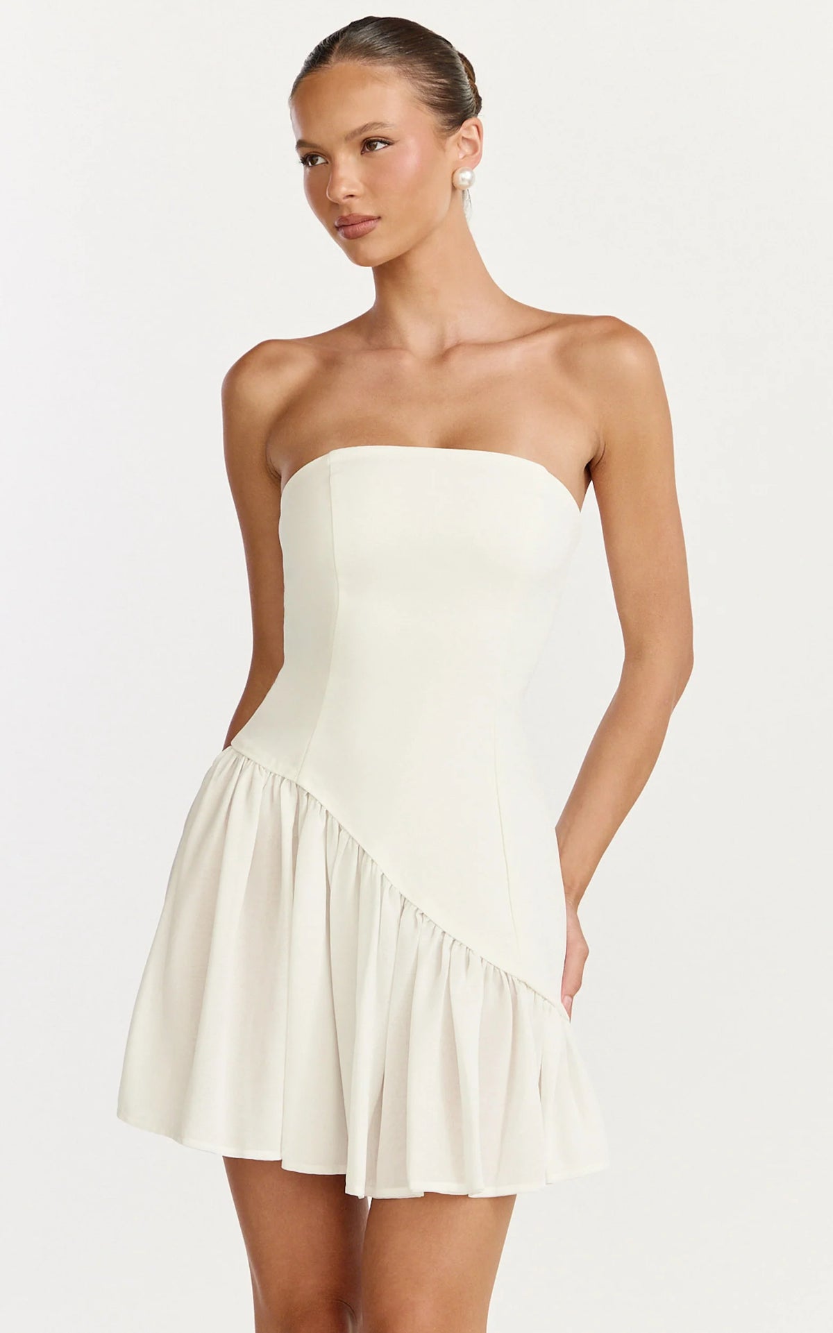 Calla Mini Dress - Strapless Gathered Asymmetric Dropped Waist Dress in Light Blue