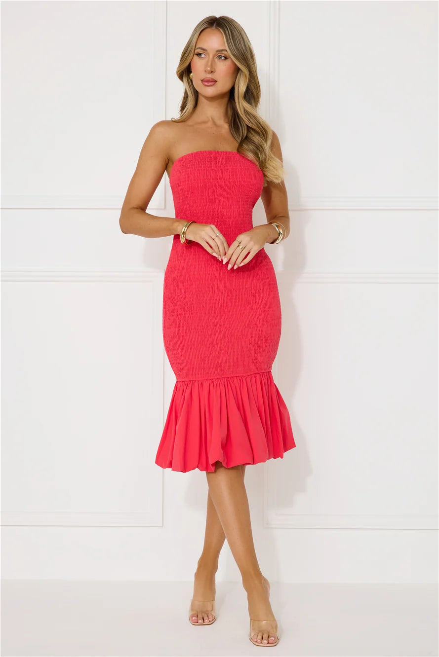 In My Direction Strapless Bubble Midi Dress Pink