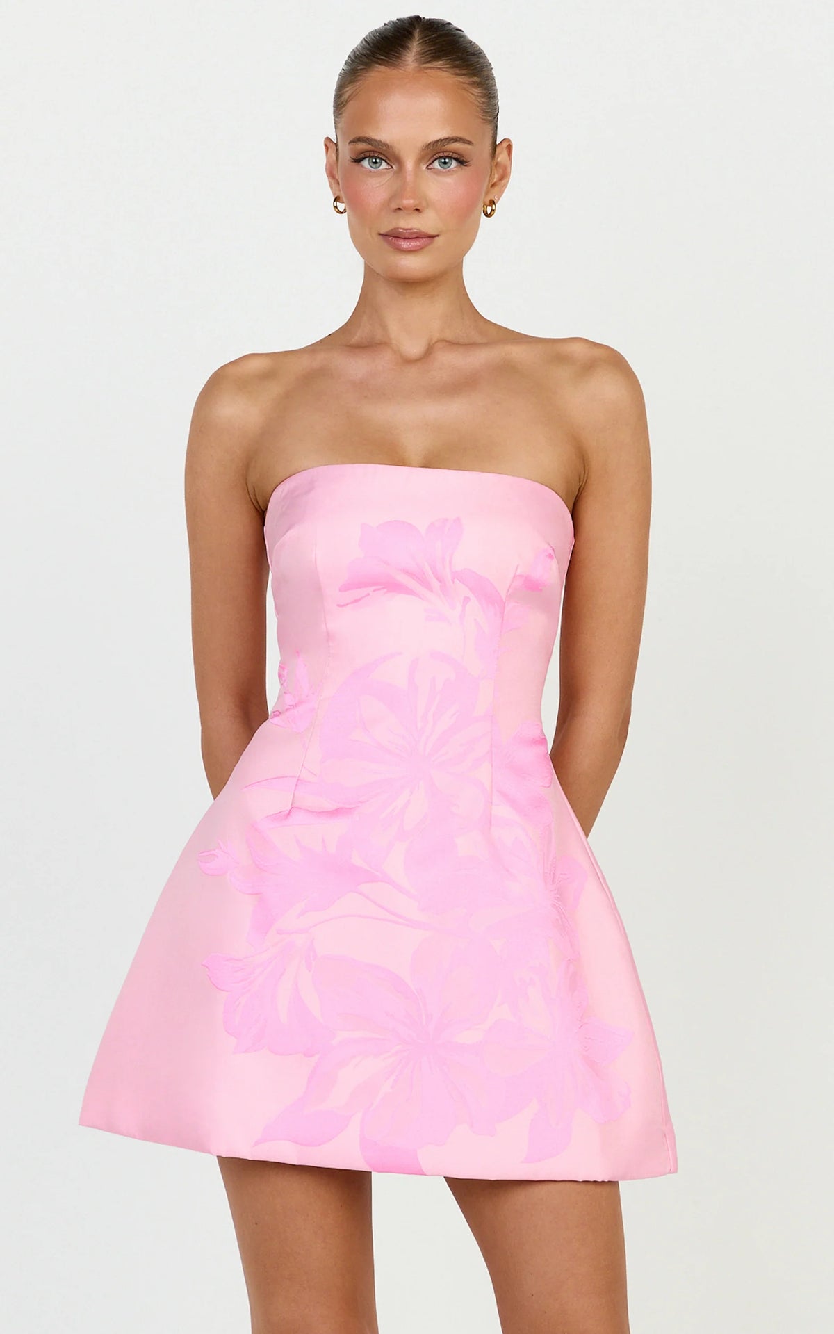 Emme Mini Dress - Strapless Jacquard Placement Floral A Line Dress in Blue