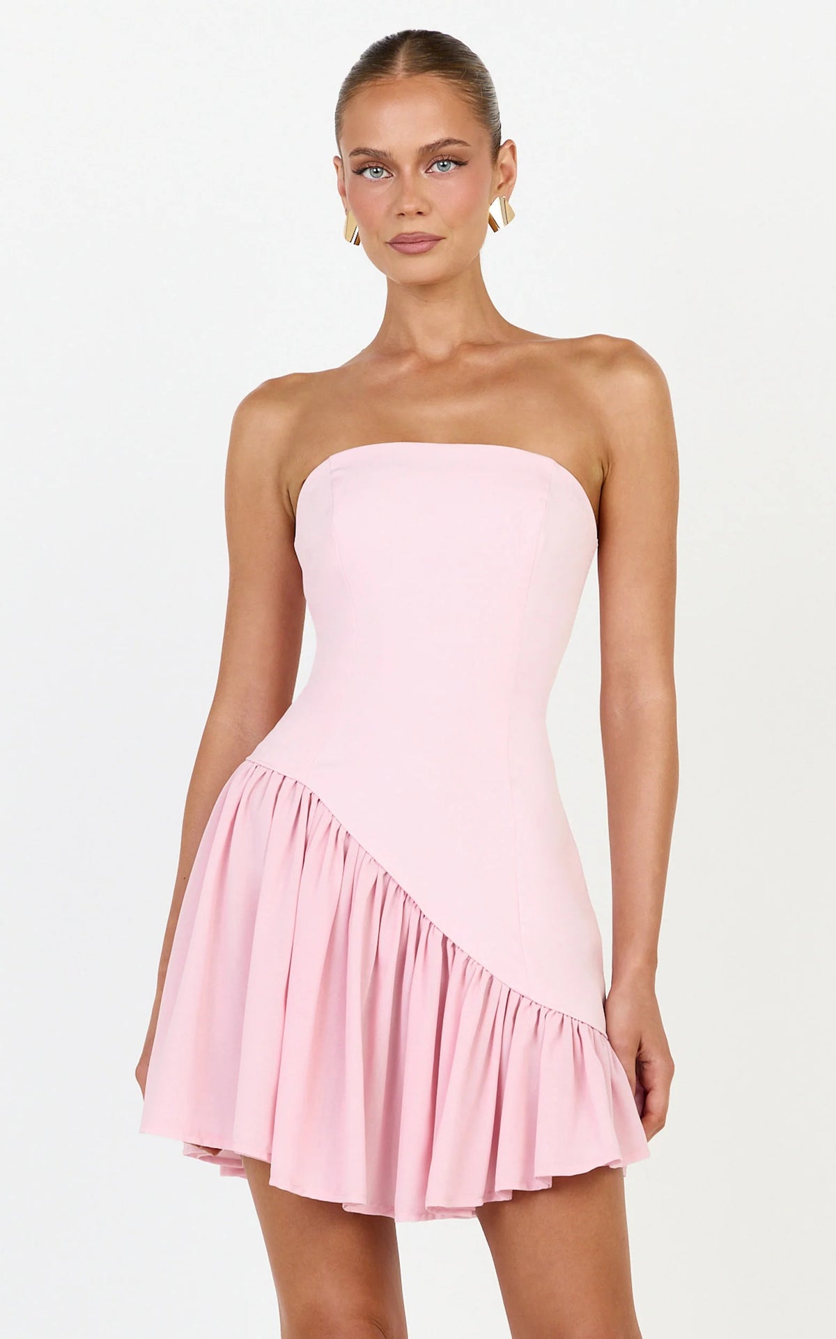 Calla Mini Dress - Strapless Gathered Asymmetric Dropped Waist Dress in Light Blue