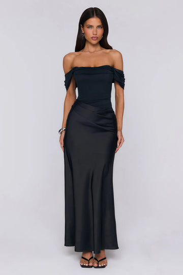 Evening Muse Off Shoulder Mesh Maxi Dress Black