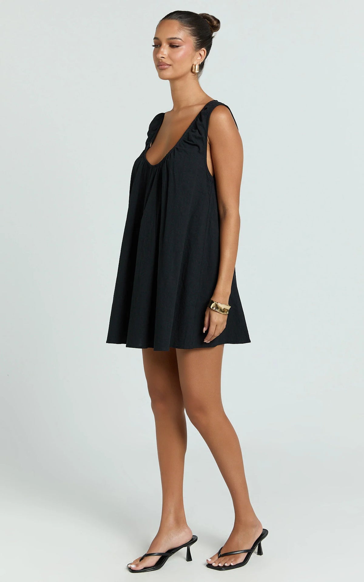 Lucinda Mini Dress - Deep U Gathered Neck Smock Dress in Pale Blue