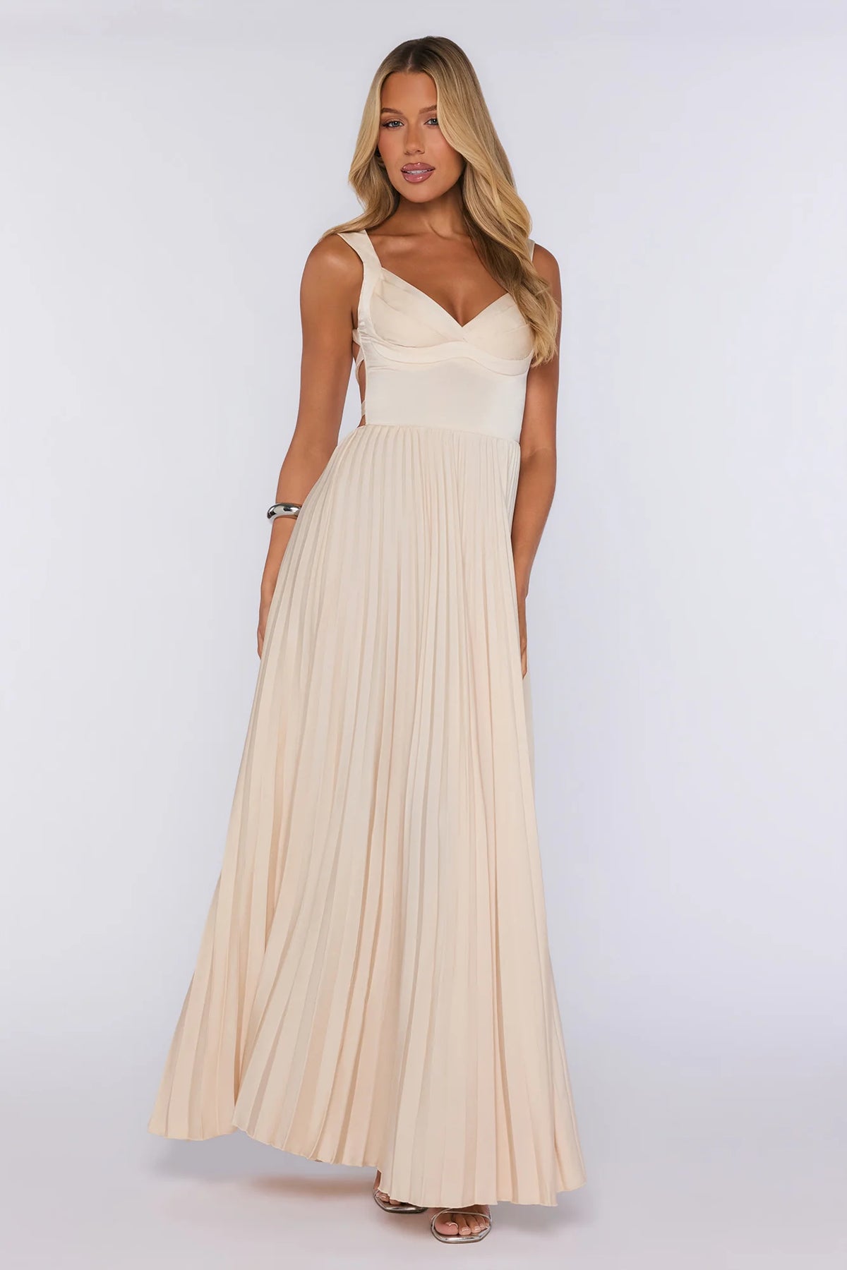 Satin Glow Pleated Maxi Dress Champagne