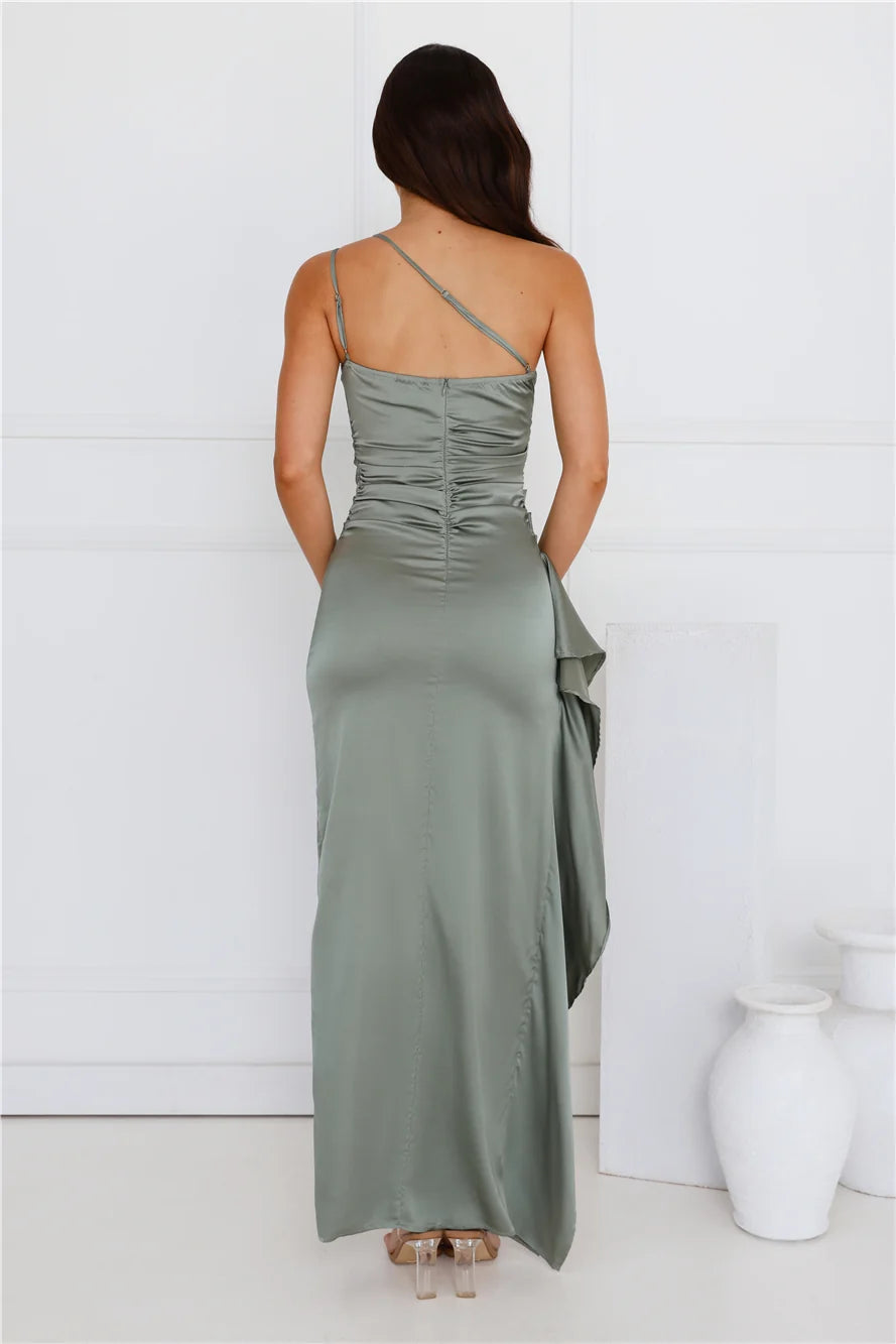 Extra Special One Shoulder Satin Maxi Dress Wine