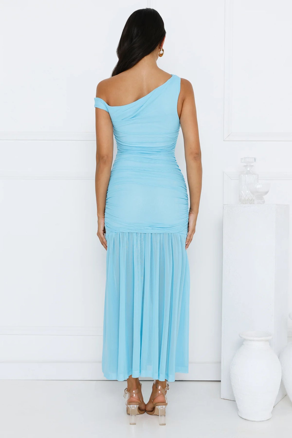 Stylish Diva Mesh Off Shoulder Midi Dress Blue