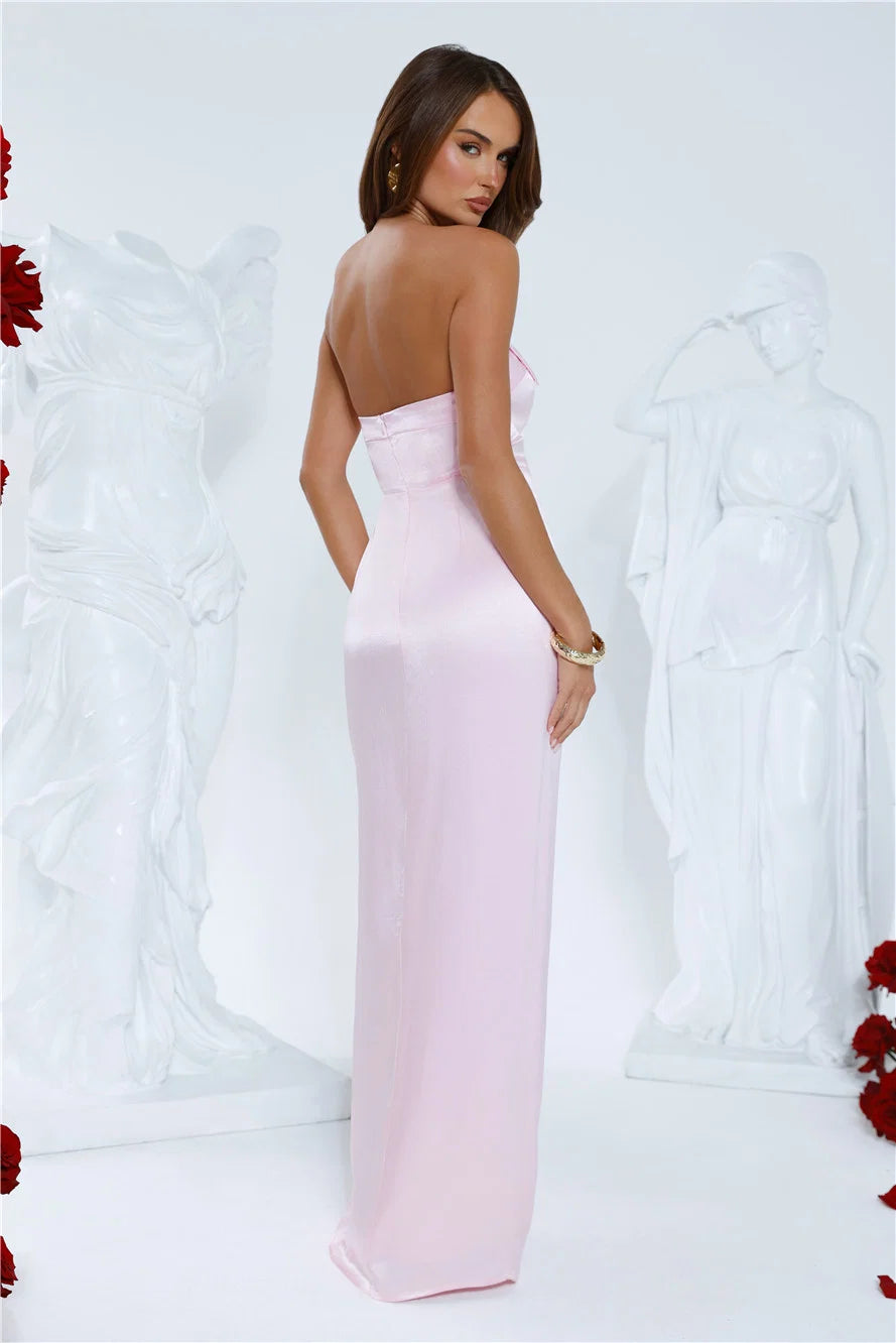 Sleek Aura Strapless Satin Maxi Dress Navy