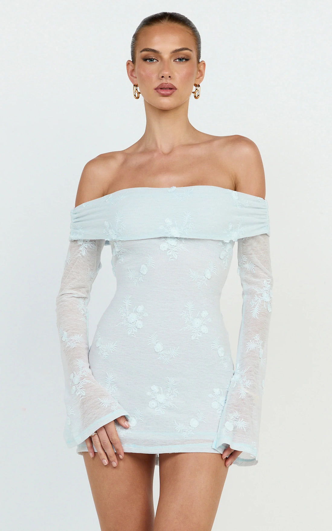 Raymond Mini Dress - Off Shoulder Long Sleeve Fitted Dress in Lemon