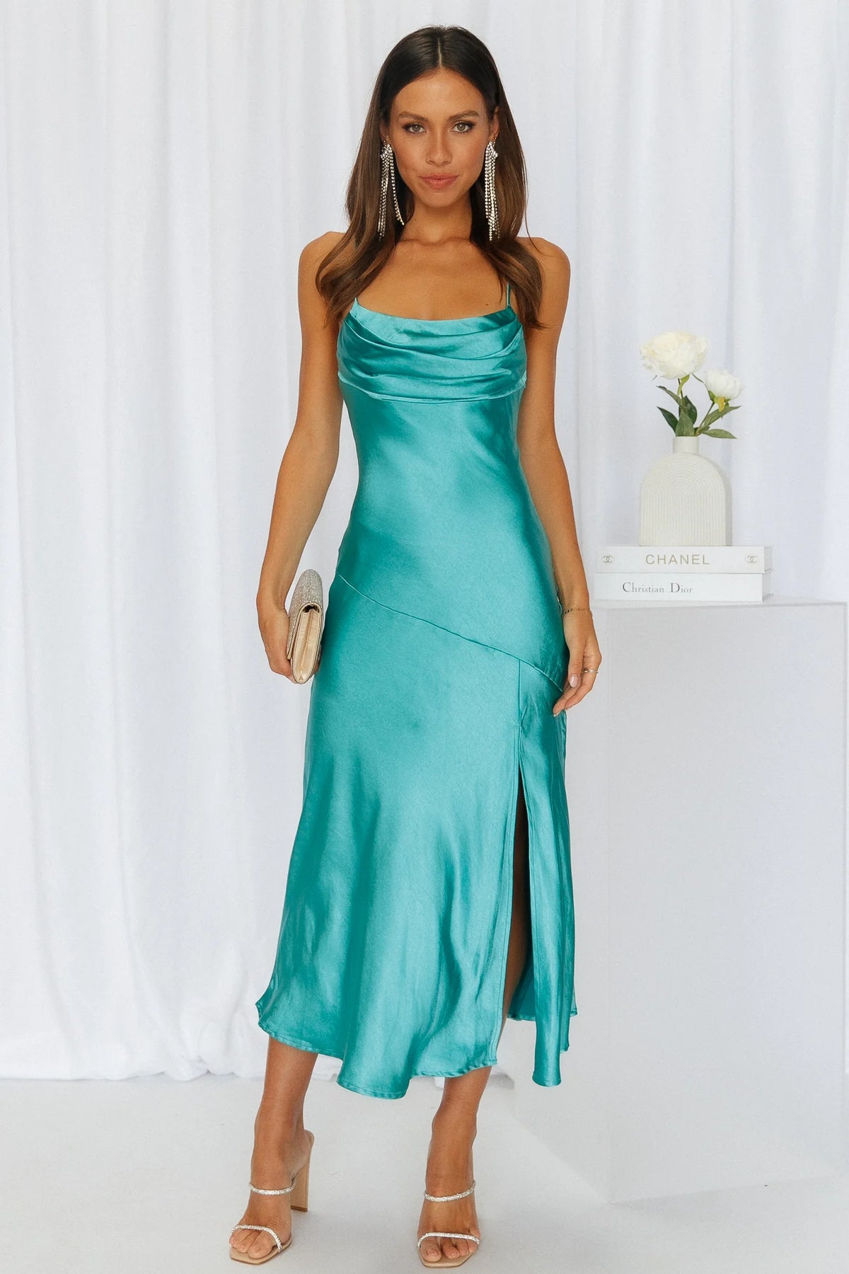 Lychee Martini Satin Midi Dress Forest Green