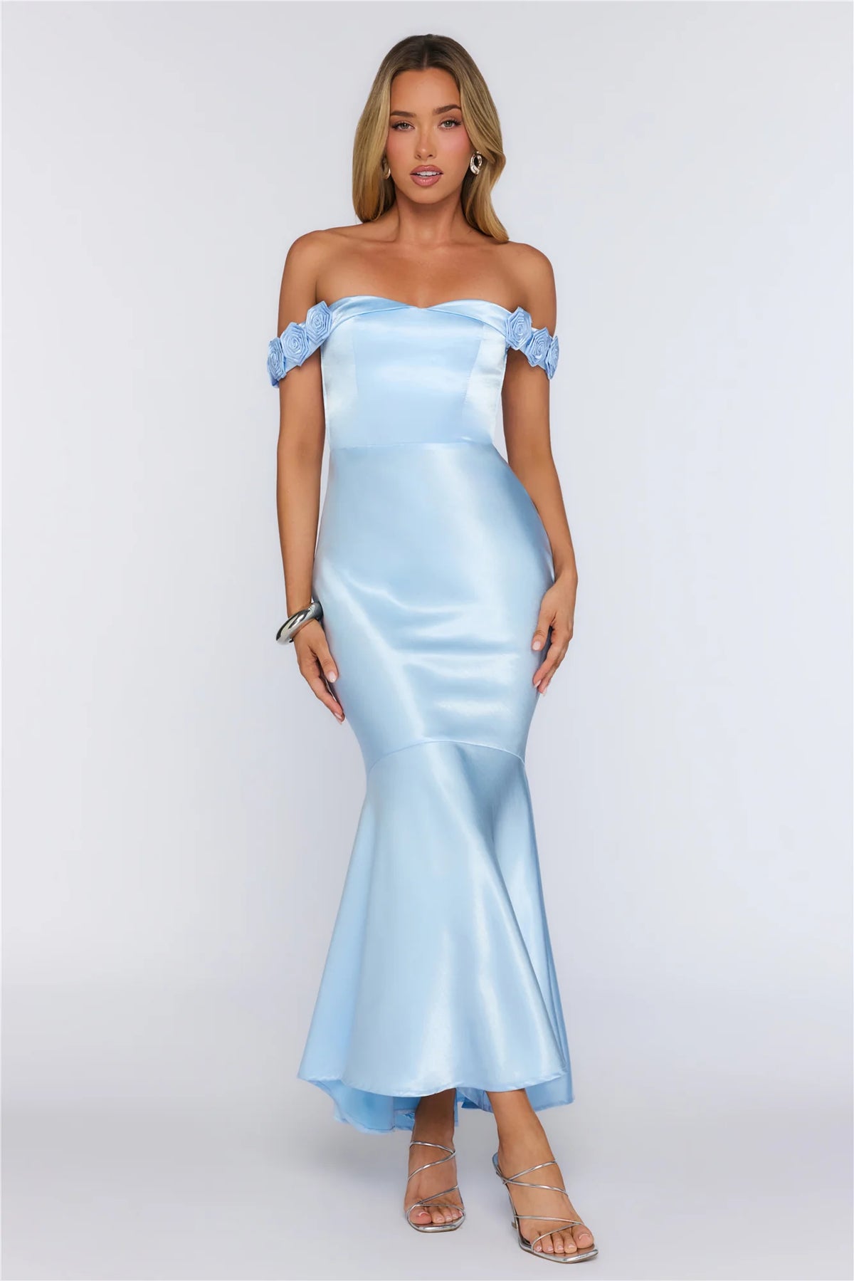 Falling Soft Satin Off Shoulder Maxi Dress Yellow