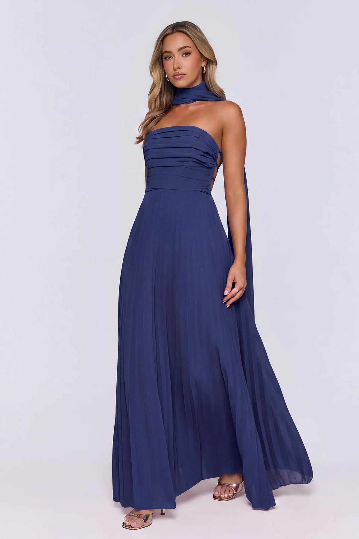 Sugar Babe Strapless Pleated Maxi Dress Blue