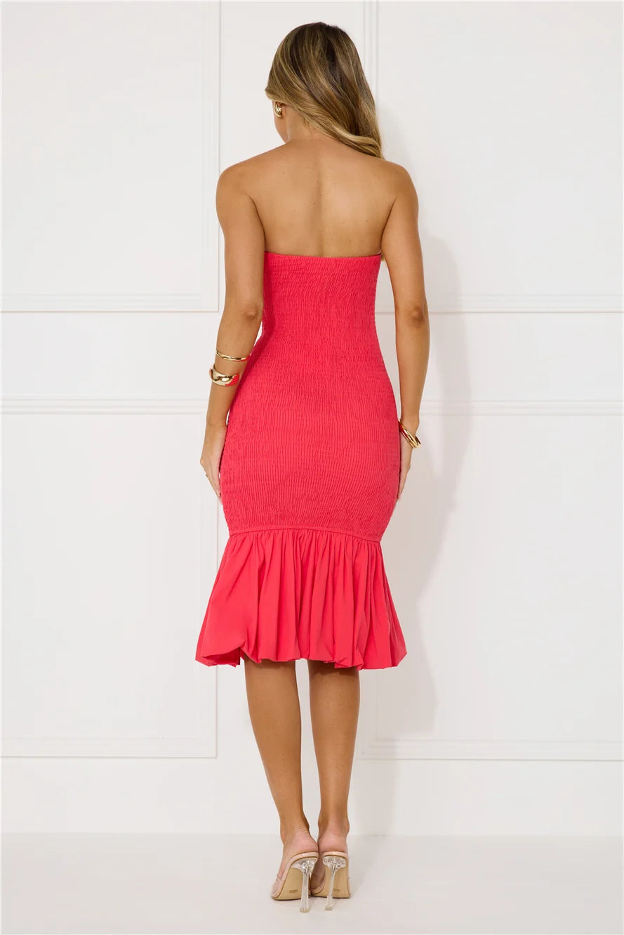 In My Direction Strapless Bubble Midi Dress Pink