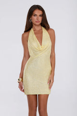 The Tease Edit Embellished Mesh Halter Mini Dress Yellow