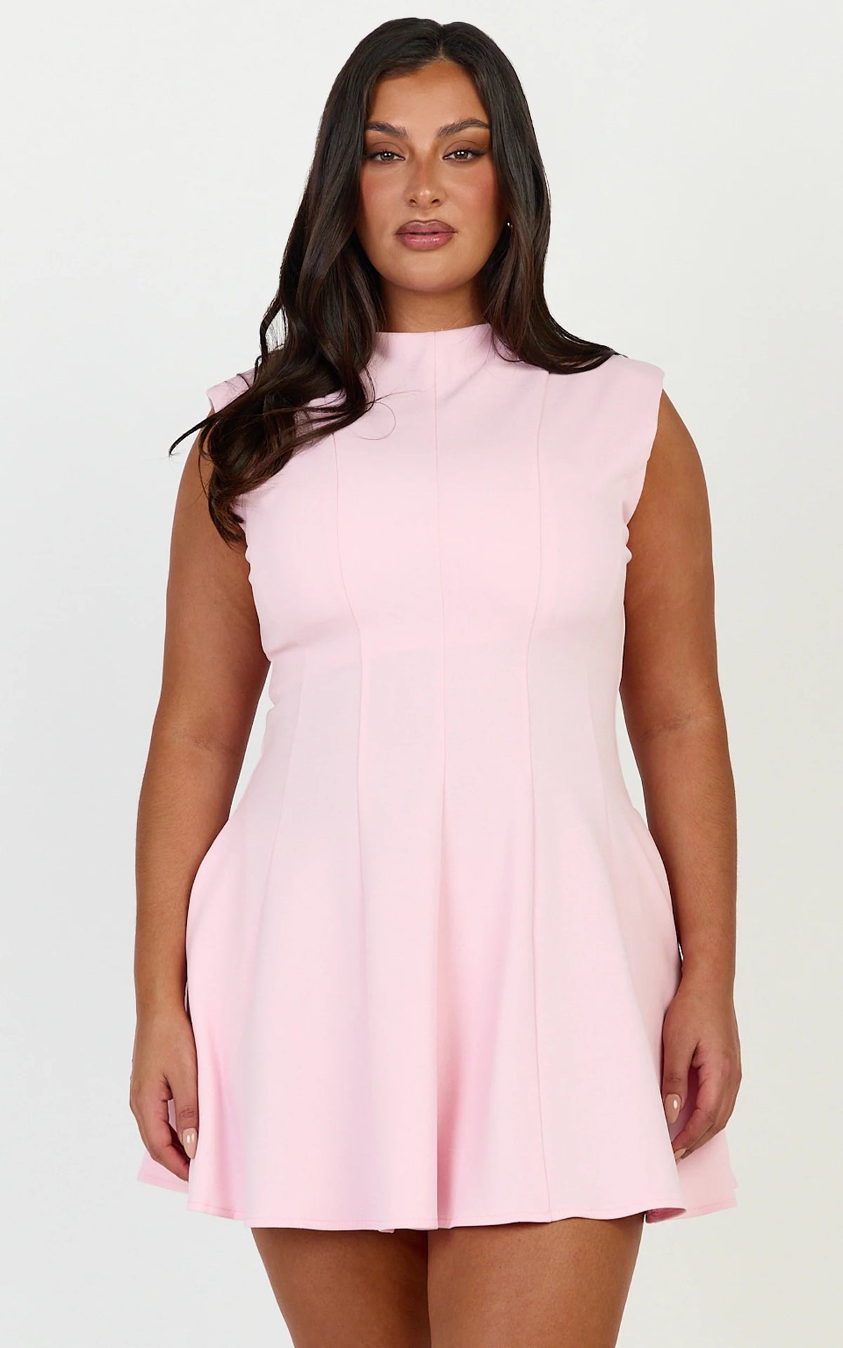 Becky Mini Dress - High Neck Sleeveless Fit And Flare Dress in Chocolate