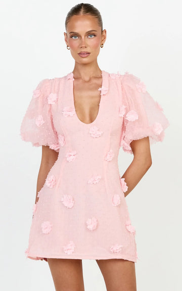 Azalea Mini Dress - Puff Sleeve 3D Floral A Line Dress in Pale Pink