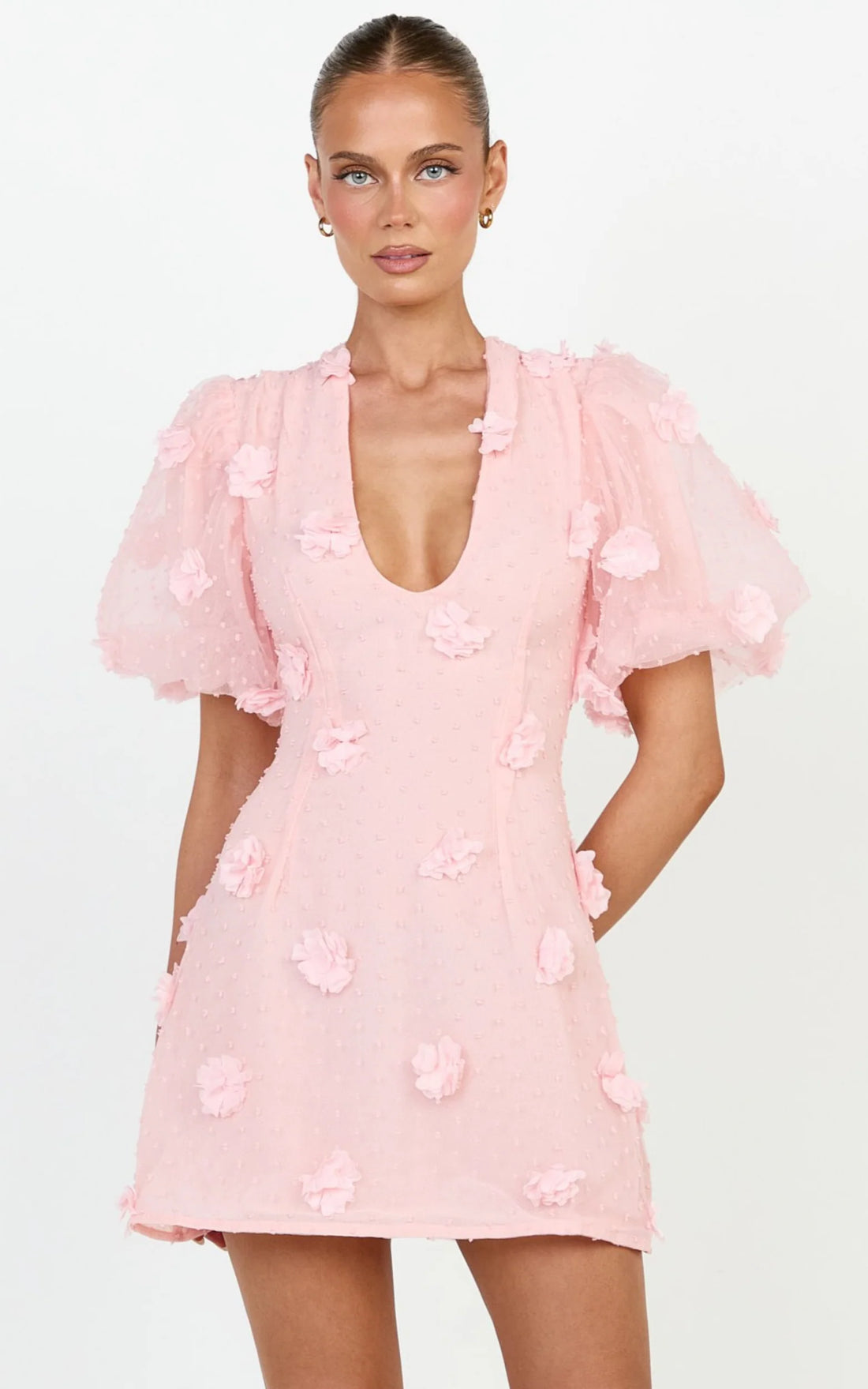 Azalea Mini Dress - Puff Sleeve 3D Floral A Line Dress in Blue