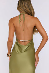 Showing Up Styled Satin Halter Maxi Dress Olive