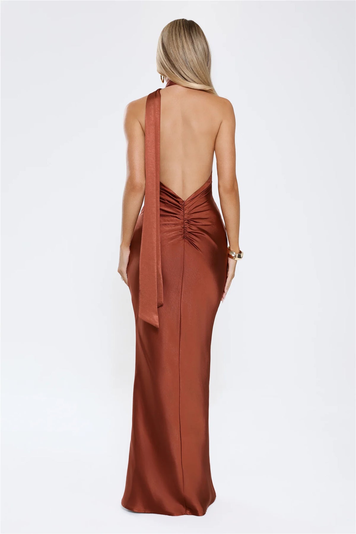 Cinnamon Glaze Halter Satin Maxi Dress Yellow
