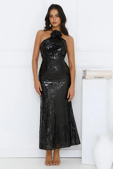 Star Shine Halter Sequin Maxi Dress Black