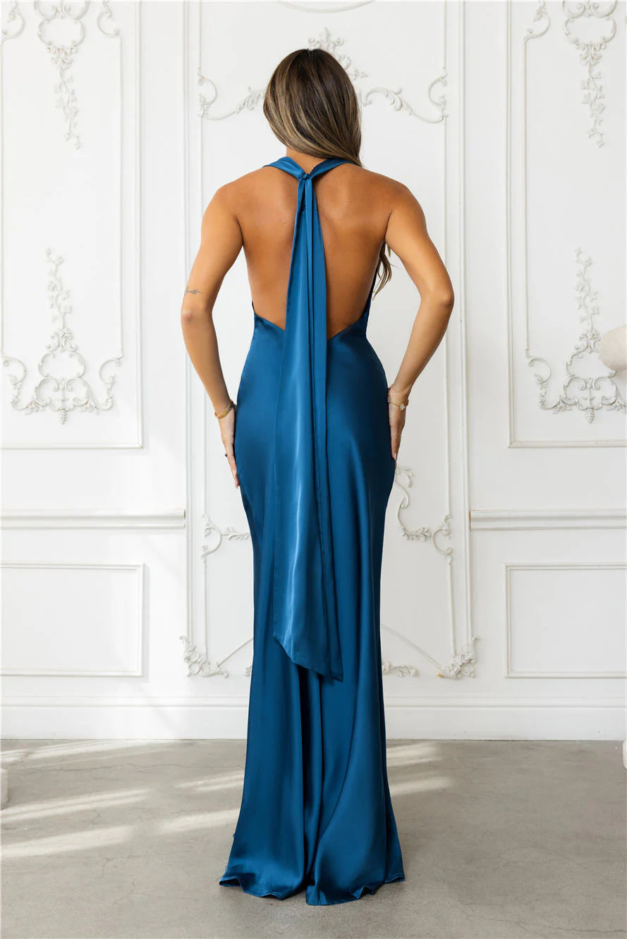 Nightfall Noir Halter Satin Maxi Dress Red