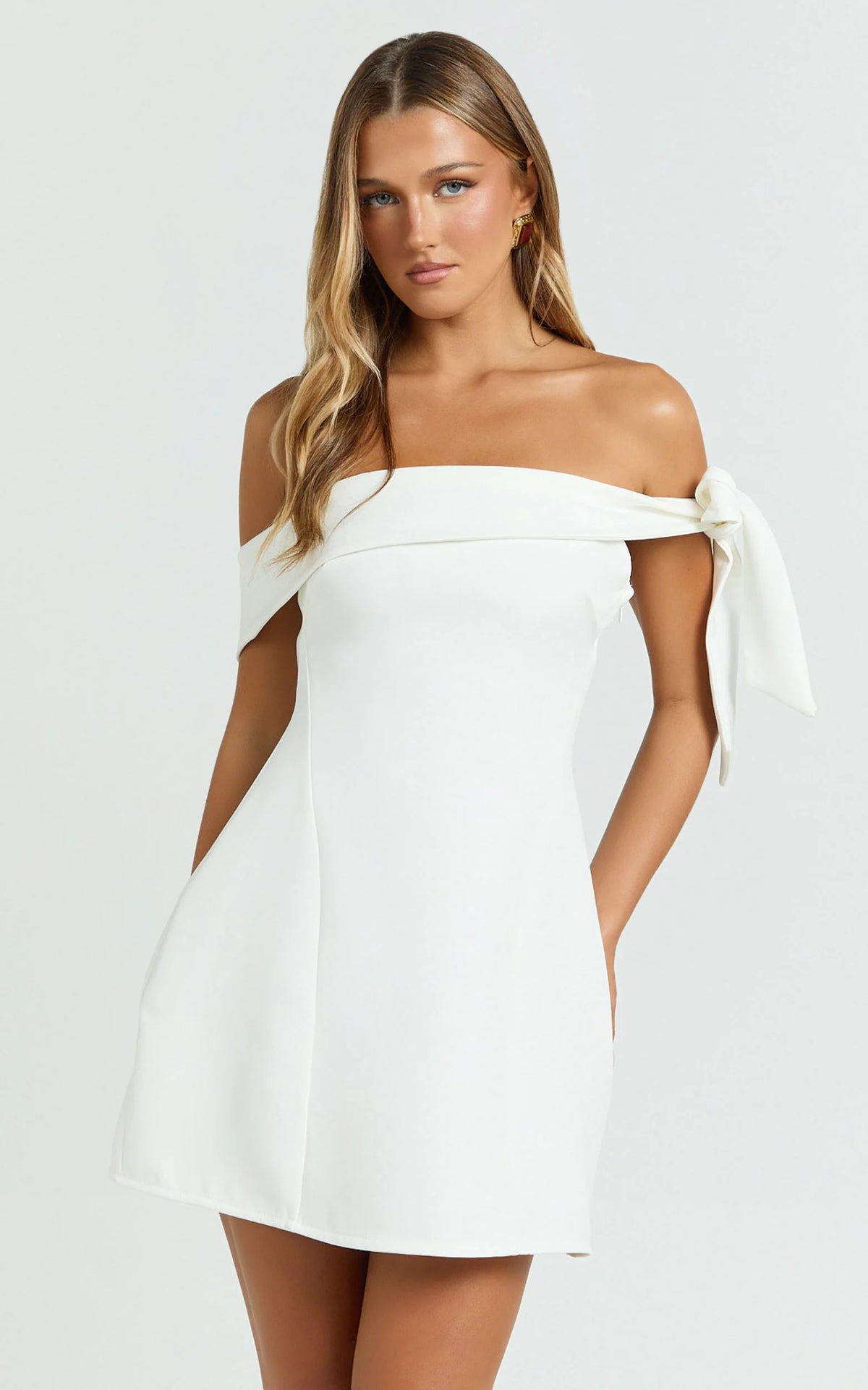 Cecilia Mini Dress - Off Shoulder Tie Detail Dress in Pale Blue