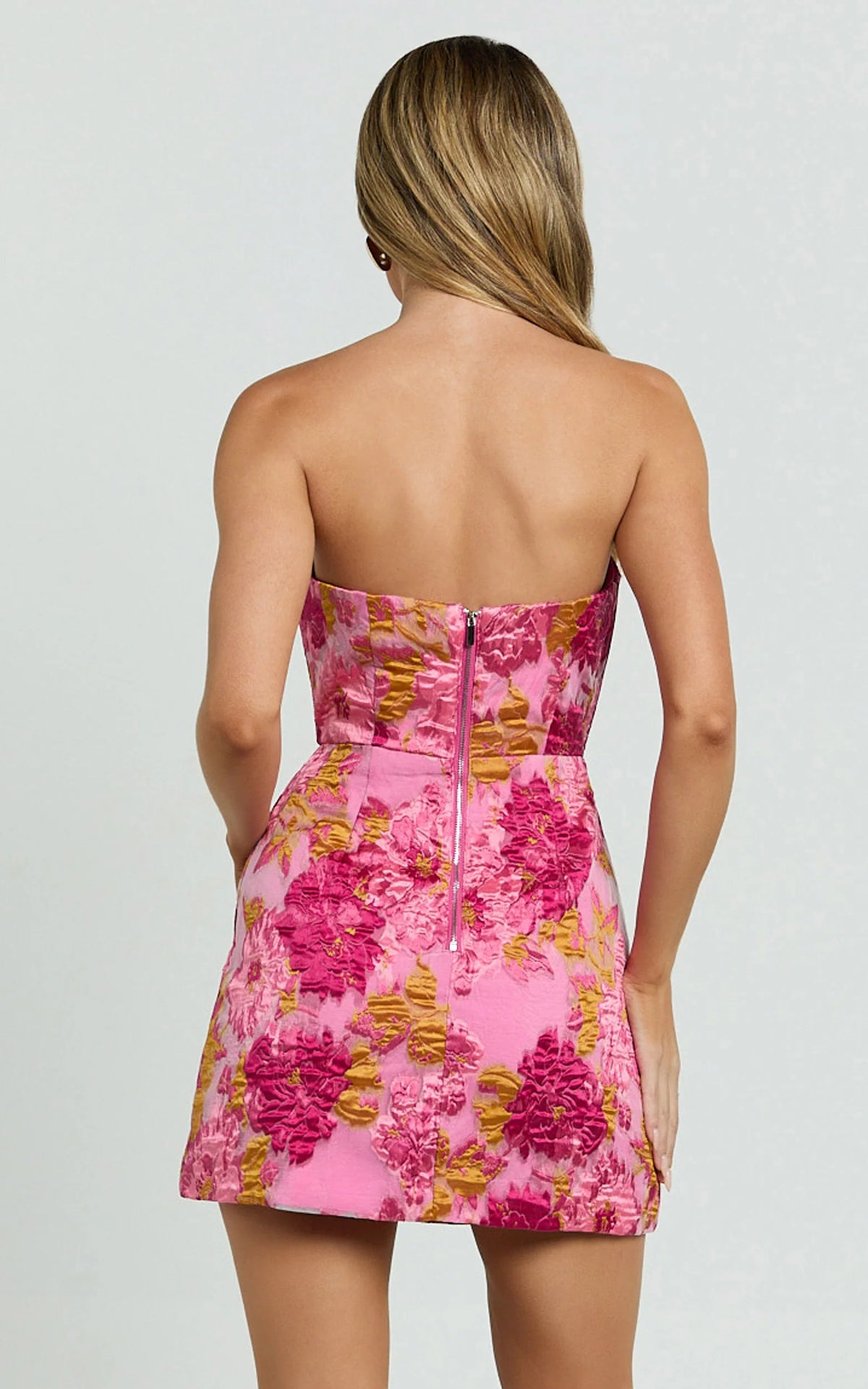 Brailey Mini Dress - Strapless Dress in Orange Jacquard