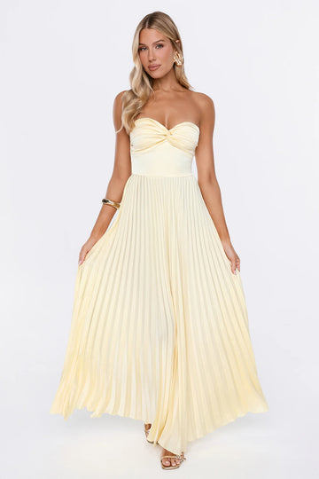 Dress Society Satin Pleated Strapless Maxi Dress Yellow