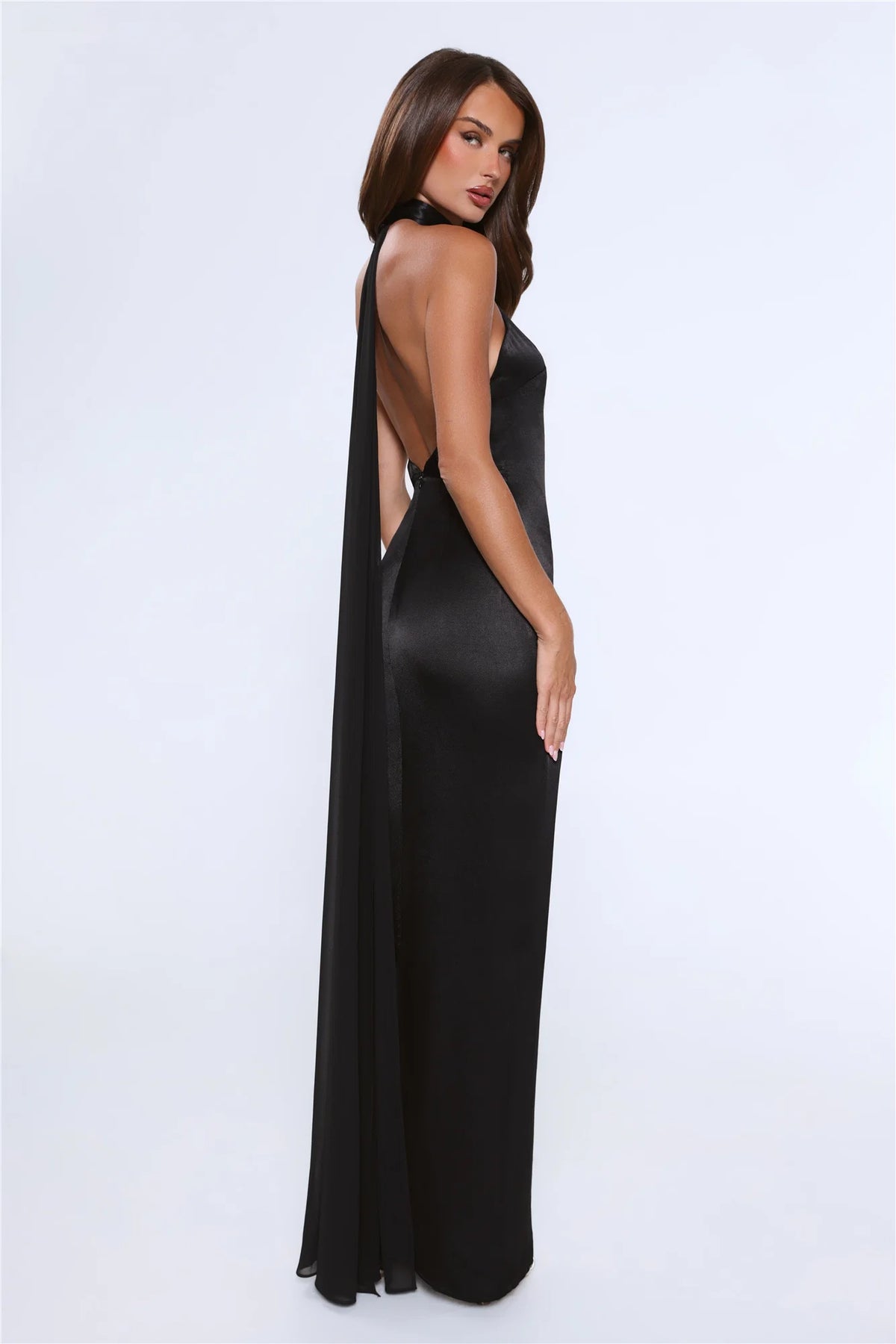 Effortless Luxe Halter Satin Maxi Dress Chocolate